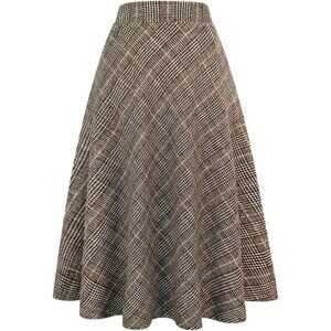 Womens Coffee Elastic Waist A-Line Pleated Tartan Long Plaid Wool Skirts